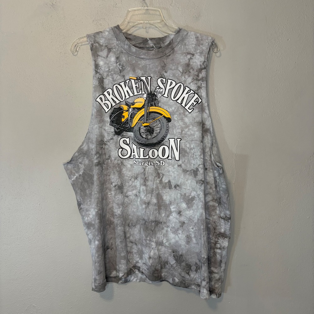 Broken Spoke Saloon Sturgis SD Motorcycle Muscle Tee Grey Tie Dye XL